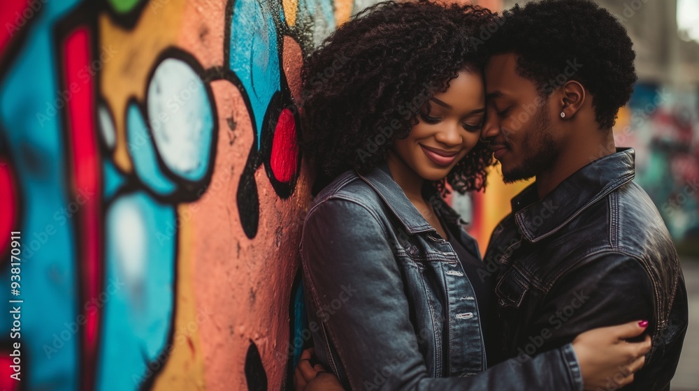 Obraz premium Romantic young African American couple tenderly hugging and kissing against graffiti wall. Lovers express love, tenderness and happiness. Urban style.