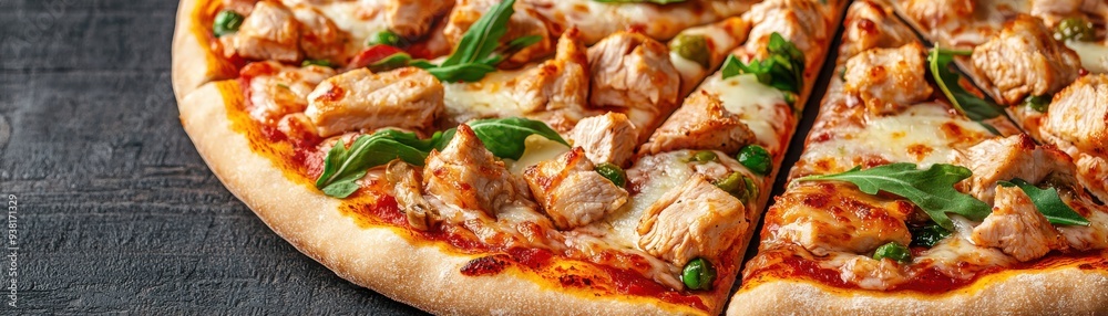 Delicious pizza topped with grilled chicken and fresh basil leaves, perfect for a tasty meal or gathering with friends. Delicious pizza topped with grilled chicken and fresh basil leaves, perfect for a tasty meal or gathering with friends.