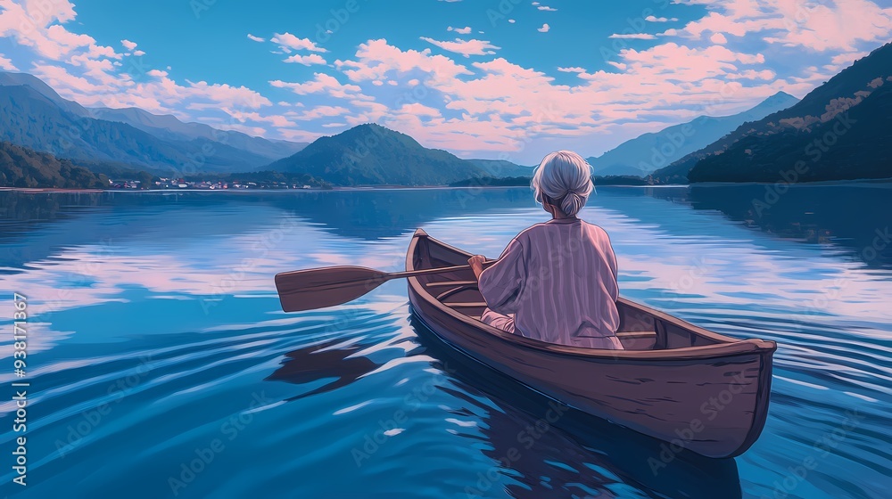 Elderly woman paddling a canoe on a tranquil lake surrounded by mountains. Elderly woman paddling a canoe on a tranquil lake surrounded by mountains.