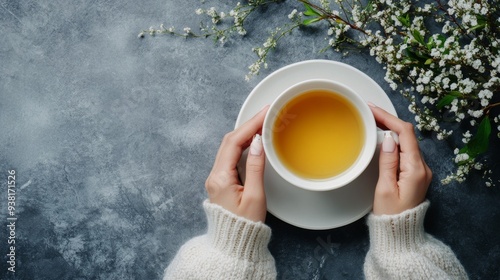 A person holding a warm cup of green tea on a rustic table in a cozy setting
