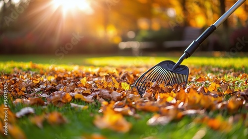 Raking colorful autumn leaves in a vibrant park during golden hour