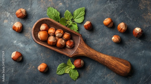 Hazelnuts in a wooden spoon on a dark stone surface