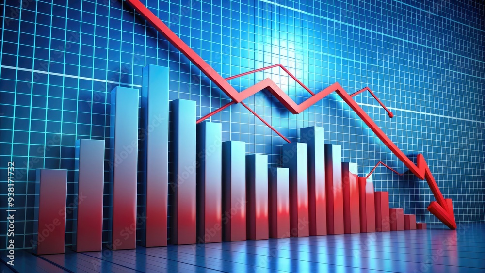 Business graph showing downward trend, red arrows and declining bars indicating high loss ratio, concept of business failure and financial crisis. Business graph showing downward trend, red arrows and declining bars indicating high loss ratio, concept of business failure and financial crisis.
