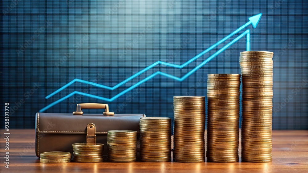 Business graph showing significant increase in revenue, with stacks of coins and a briefcase in the background, representing financial success and growth. Business graph showing significant increase in revenue, with stacks of coins and a briefcase in the background, representing financial success and growth.
