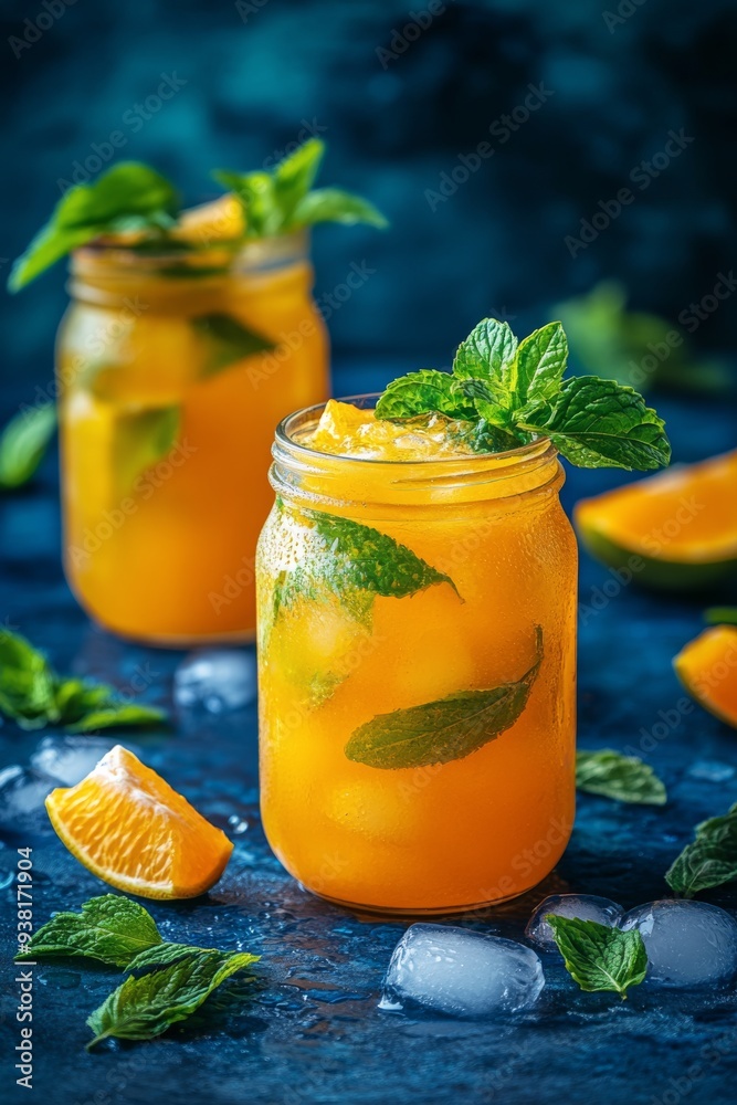 Refreshing orange beverages with mint in glass jars on a blue surface Refreshing orange beverages with mint in glass jars on a blue surface