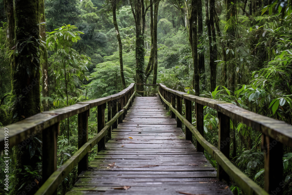 Wooden Bridge Through Lush Green Forest Wooden Bridge Through Lush Green Forest