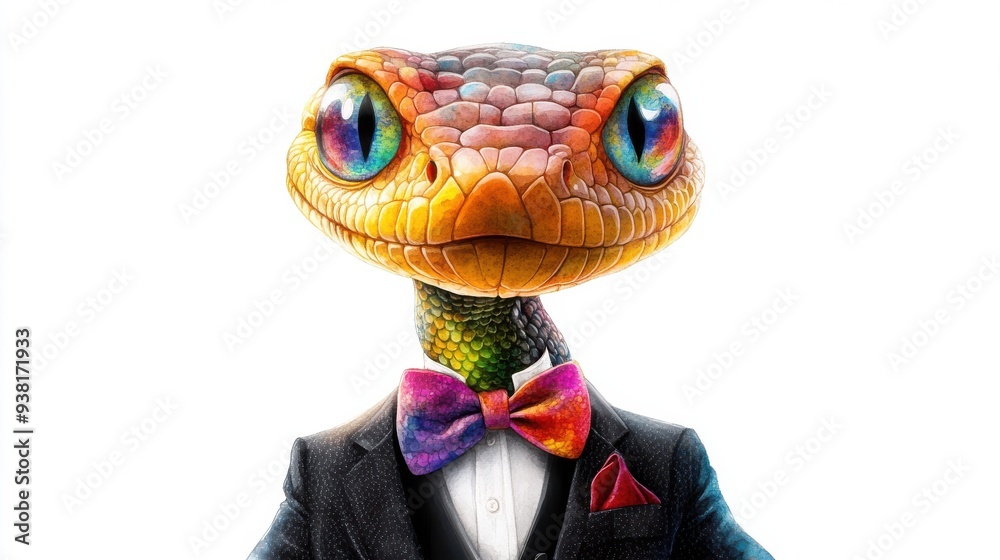 A colorful snake wearing a suit and bow tie A colorful snake wearing a suit and bow tie