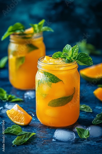 Refreshing orange beverages with mint in glass jars on a blue surface