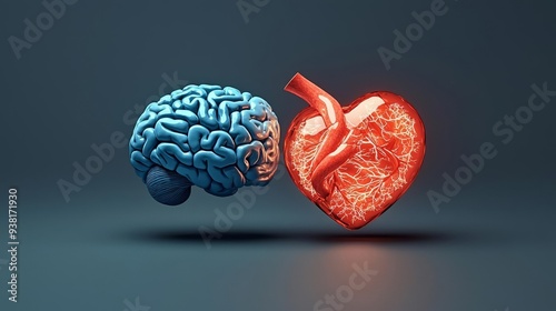 Vivid illustration of a heart and brain facing each other, glowing with energy, depicting the complex relationship between feeling and thinking photo