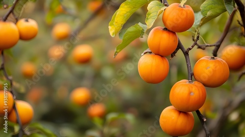 Ripe orange persimmons hanging on the branches of a lush persimmon orchard in the tranquil countryside during the autumn season The scenic