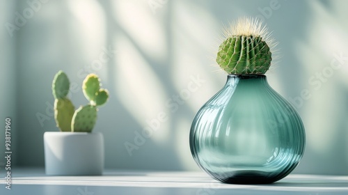 Green succulent plant in decorative glass pot on wooden table with soft lighting