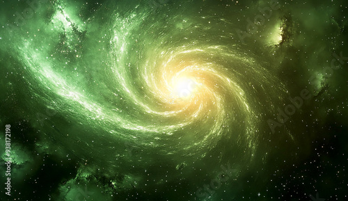 A green galaxy with stars and swirls of light in the background