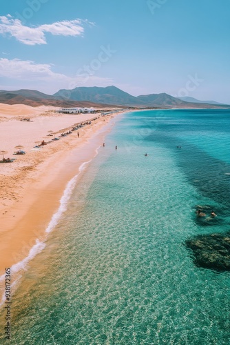Sunny beach with golden sand and clear turquoise water under a blue sky
