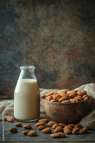 Almond milk and nuts arranged on textured background with rustic vibe
