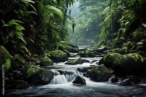 Lush Rainforest River with Mossy Rocks - Tranquil Nature Photography