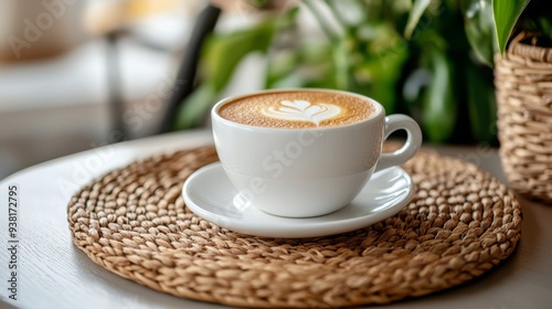 Beautiful latte art in a white cup on a wooden table in a cozy cafe