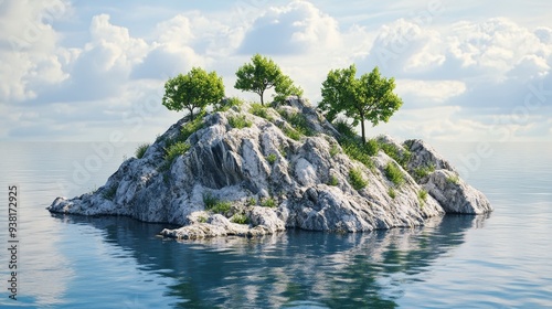 Small rocky island with three trees on top in blue water with white clouds in the sky.