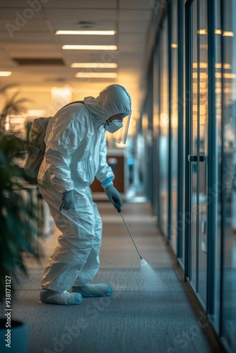 Worker disinfecting a restaurant interior during the daytime using pressurize...