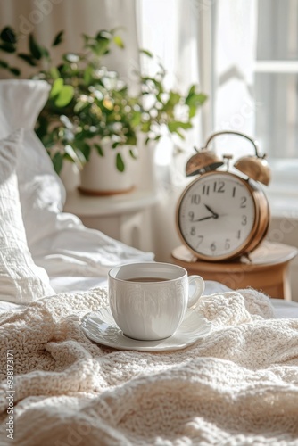 Morning coffee and alarm clock beside a cozy bed with fresh flowers