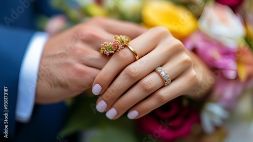 Couple exchanging wedding rings during an outdoor ceremony at sunset