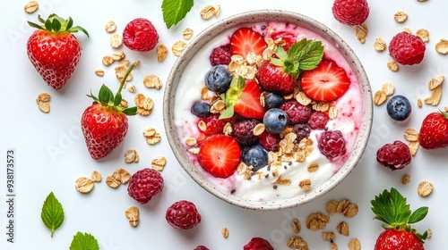 Fresh berry yogurt bowl with oats and mint on a white background