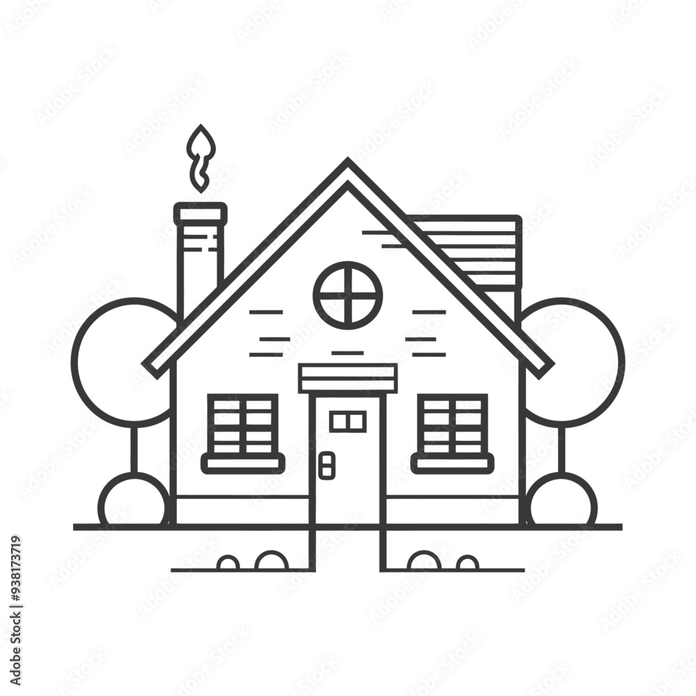 Black and white line art illustration of a house with smoke coming from the chimney Black and white line art illustration of a house with smoke coming from the chimney