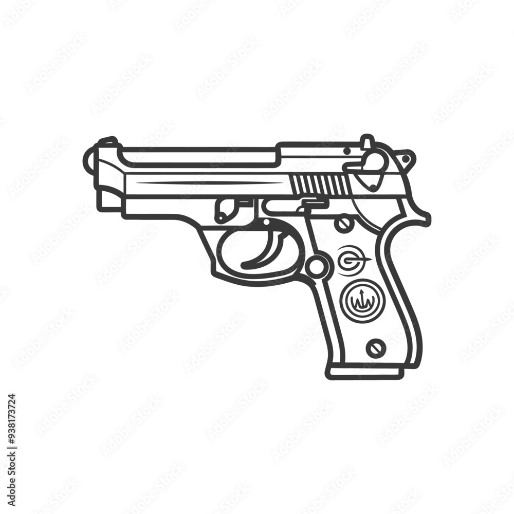Black and White Line Art Illustration of a Handgun Black and White Line Art Illustration of a Handgun