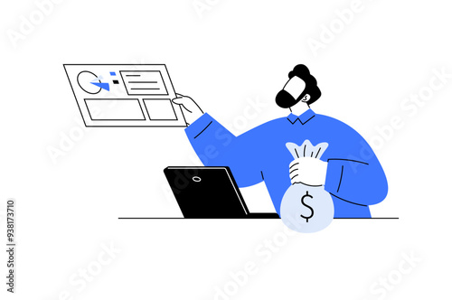 Businessman holding a money bag and pointing at a financial chart. The image focuses on financial planning, wealth management, investment strategy, and economic analysis.