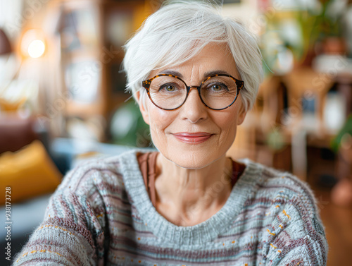 A woman with glasses is smiling and wearing a sweater