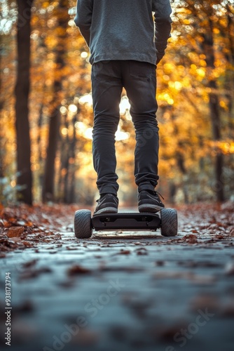 Person riding electric skateboard through autumn park in the late afternoon