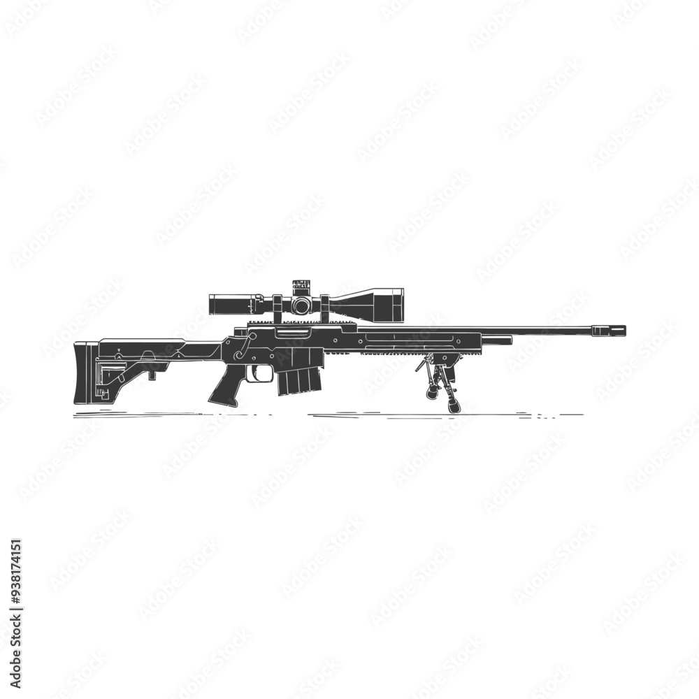 Black and White Illustration of a Sniper Rifle with Scope and Bipod Black and White Illustration of a Sniper Rifle with Scope and Bipod
