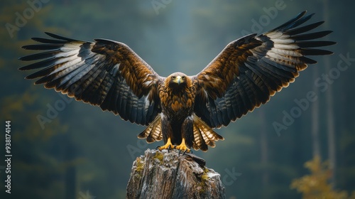 Golden eagle perched on a tree stump with mountains in the background on a cl...