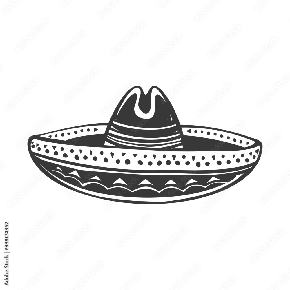 Black and white illustration of a traditional Mexican sombrero hat Black and white illustration of a traditional Mexican sombrero hat