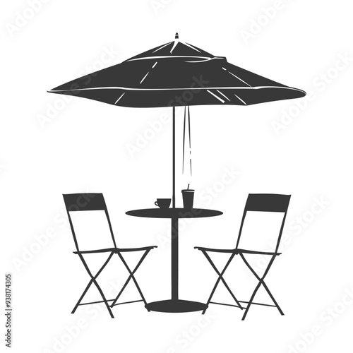 Black and White Illustration of a Table with Two Chairs and an Umbrella