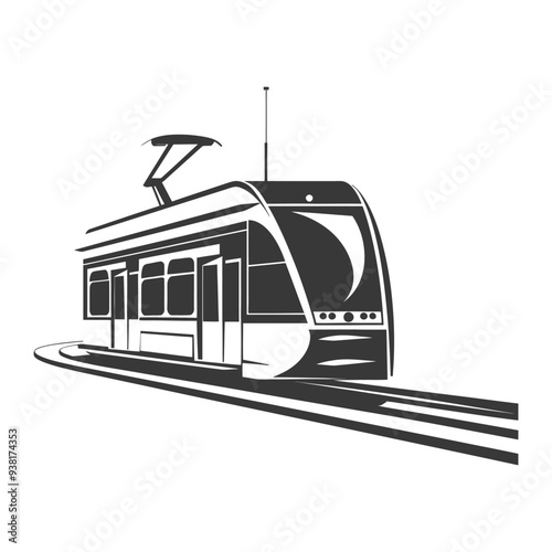 Black and White Illustration of a Tram on Tracks