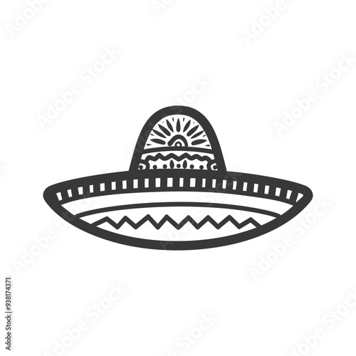 Black and White Illustration of a Traditional Mexican Sombrero