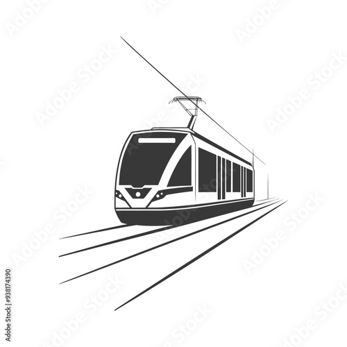 Black and White Illustration of a Tram on Tracks