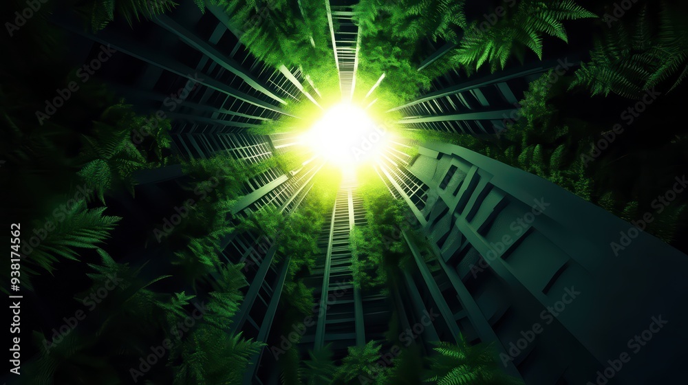 Obraz premium A captivating view from below, showcasing greenery and light filtering through towering structures.