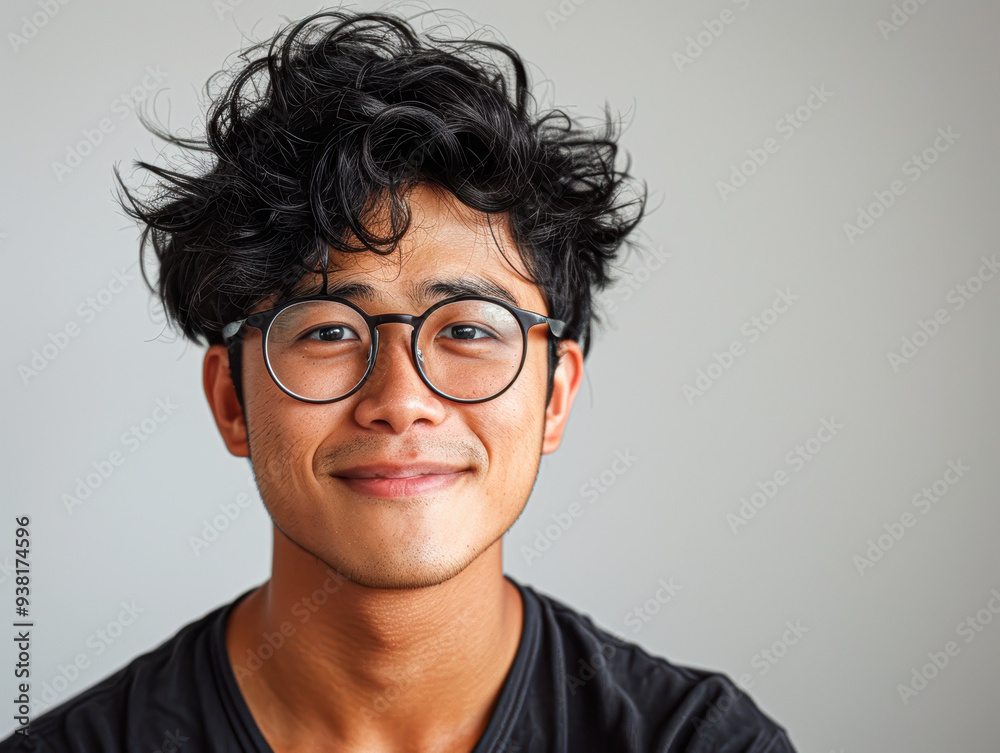 A young man with glasses is smiling and looking at the camera A young man with glasses is smiling and looking at the camera
