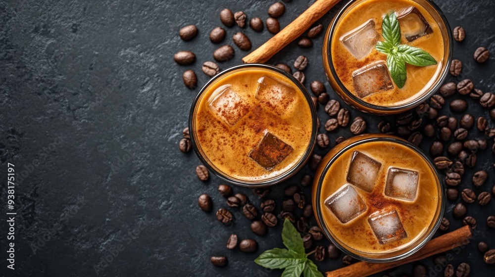 Iced coffee drinks with cinnamon sticks and coffee beans arranged on a dark background Iced coffee drinks with cinnamon sticks and coffee beans arranged on a dark background
