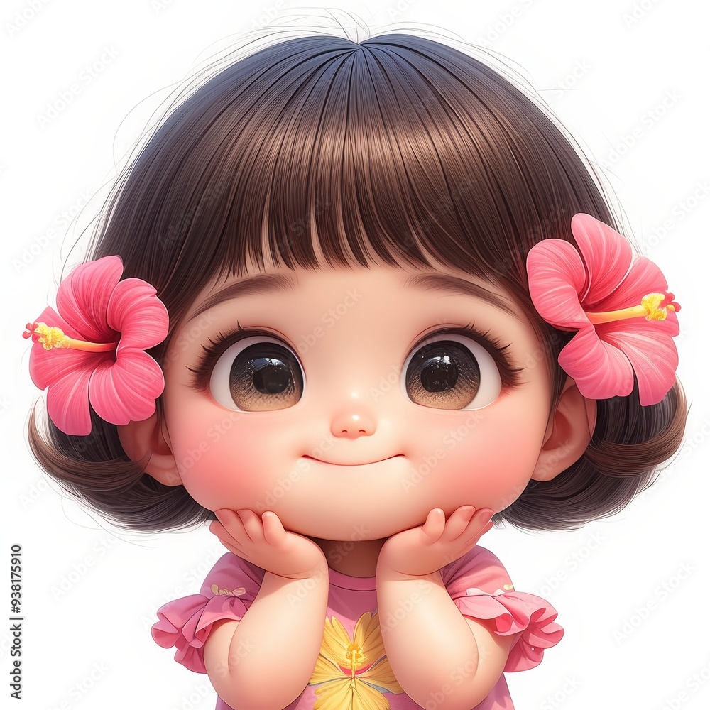 Cute cartoon girl with big brown eyes and pink flowers in her hair, smiling sweetly. Cute cartoon girl with big brown eyes and pink flowers in her hair, smiling sweetly.