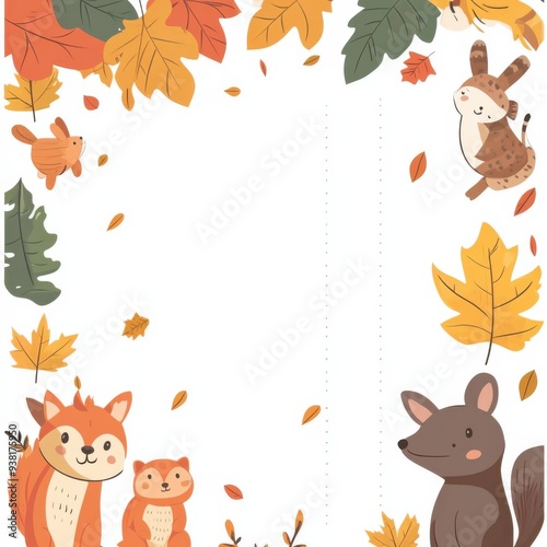 Autumn Animals Frame: A charming illustration of woodland creatures surrounded by colorful autumn leaves, perfect for framing a special message or creating a cozy autumnal design. 