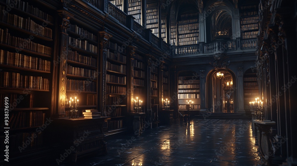 Enigmatic Gothic Library with Ancient Tomes and Candlelit Ambiance Enigmatic Gothic Library with Ancient Tomes and Candlelit Ambiance