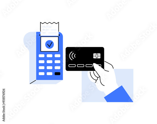 Vector image of a hand holding a credit card near a card reader. Perfect for illustrating digital payments, contactless transactions, fintech, banking technology, and modern payment systems.