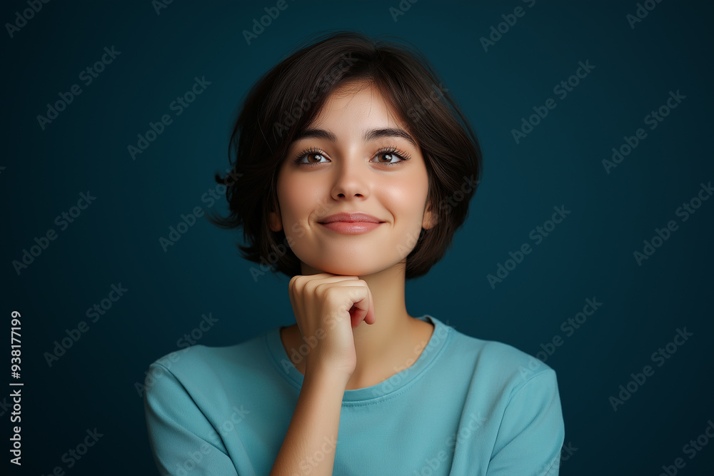 Portrait of happy woman in t-shirt thinking and looking away isolated, beautiful short hair girl smiling with hand under chin posing at camera Portrait of happy woman in t-shirt thinking and looking away isolated, beautiful short hair girl smiling with hand under chin posing at camera