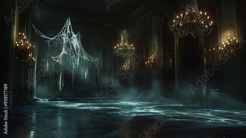 Enigmatic Gothic Ballroom with Cobwebs, Chandeliers, and Mysterious Shadows