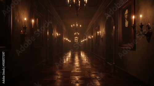 Eerie Hallway of Haunted Portraits Illuminated by Flickering Candles