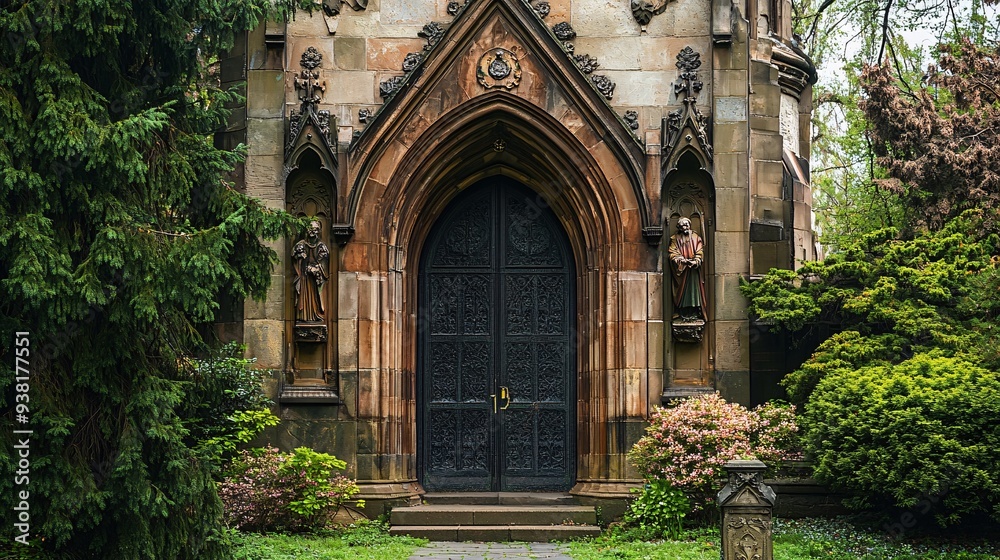 Obraz premium Dark Gothic Mausoleum with Stone Gargoyles and Heavy Iron Door