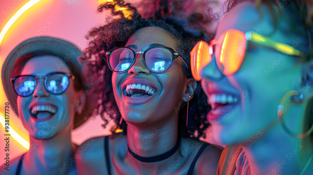 Vibrant Neon Party with Stylish Group of Friends Expressing Joy in Artistic Setting Vibrant Neon Party with Stylish Group of Friends Expressing Joy in Artistic Setting