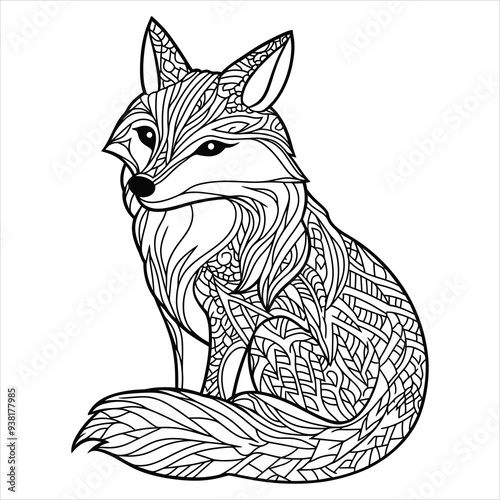 Illustration of Fox Mandala coloring page outline with intricate patterns. High-resolution download suitable for both kids and adults